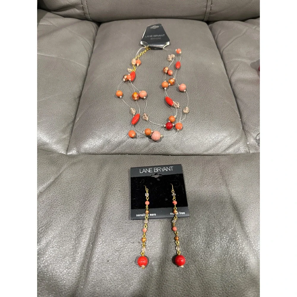 Lane Bryant Red Orange Coral Multi Strand Illusion Necklace and Drop Earring Set